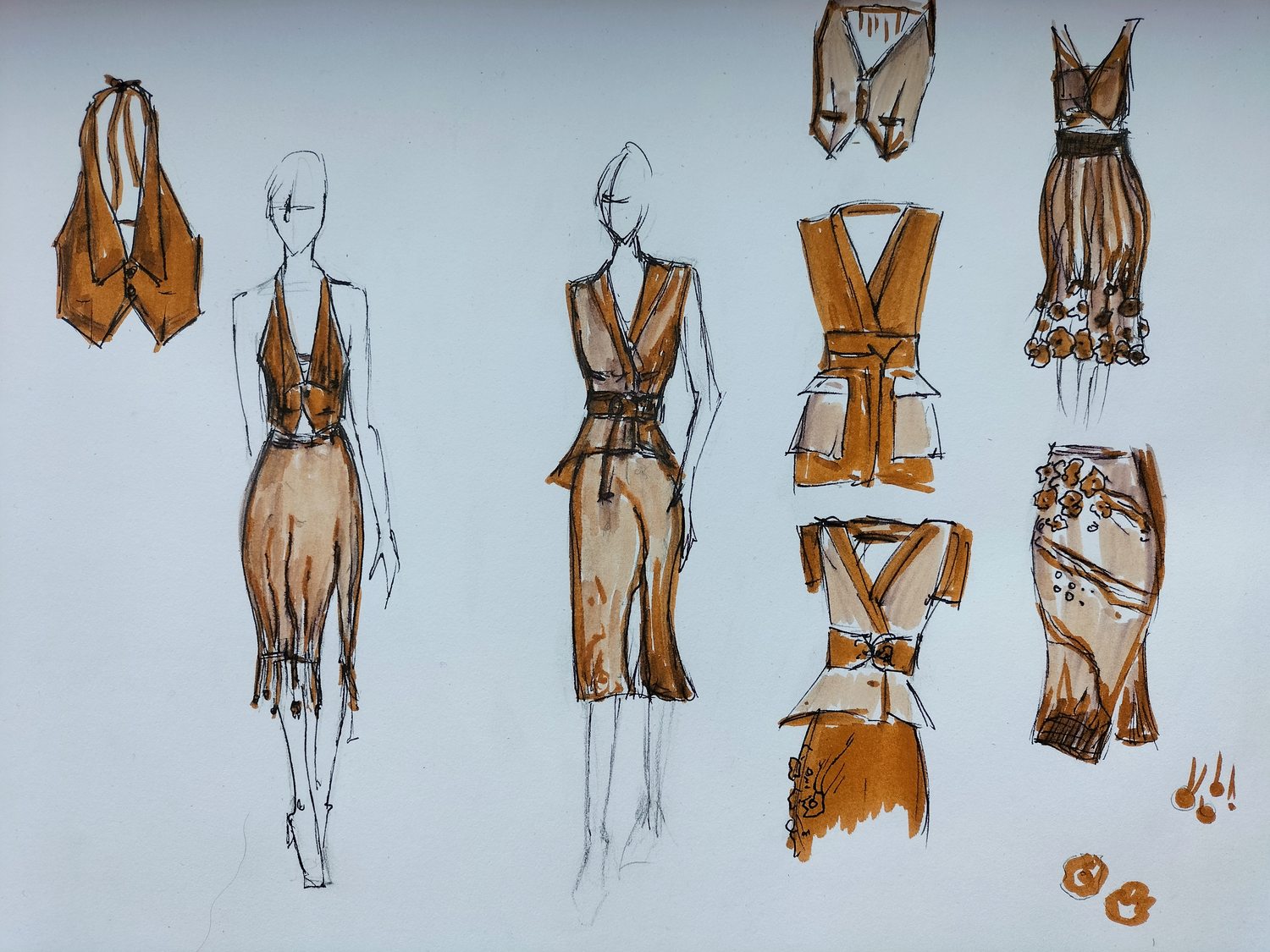 Modeskizzen für das Kleid und die Weste