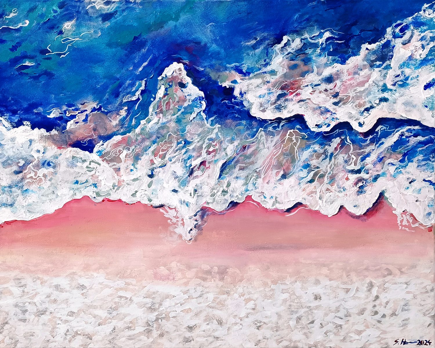 Gemälde: abstrakte Meereswelle in Blau und Rosa