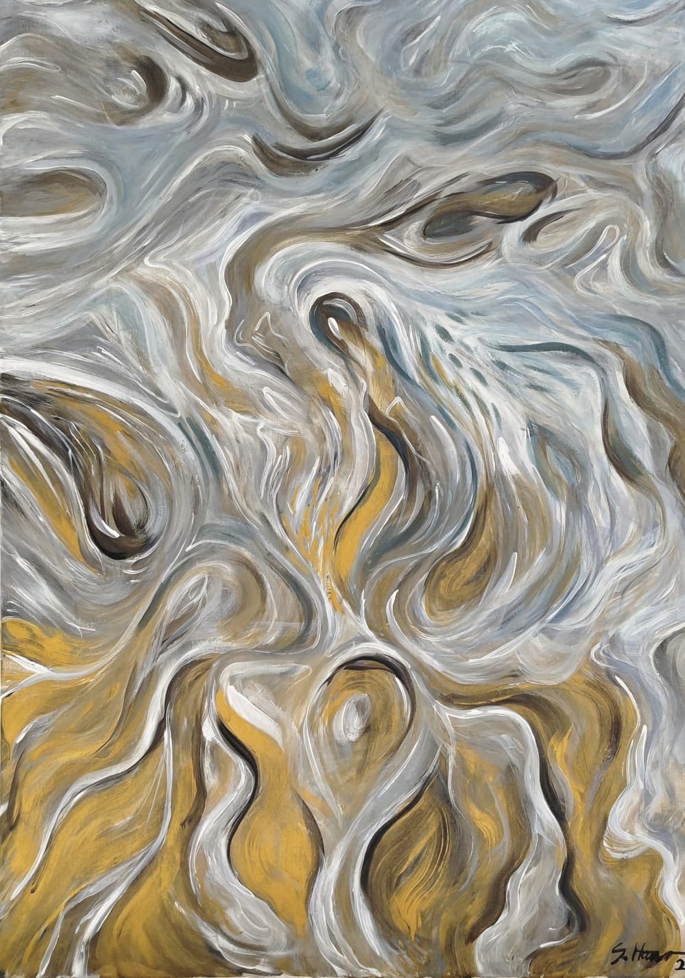Abstraktes Gemälde in Gold, Weiß und Grau
