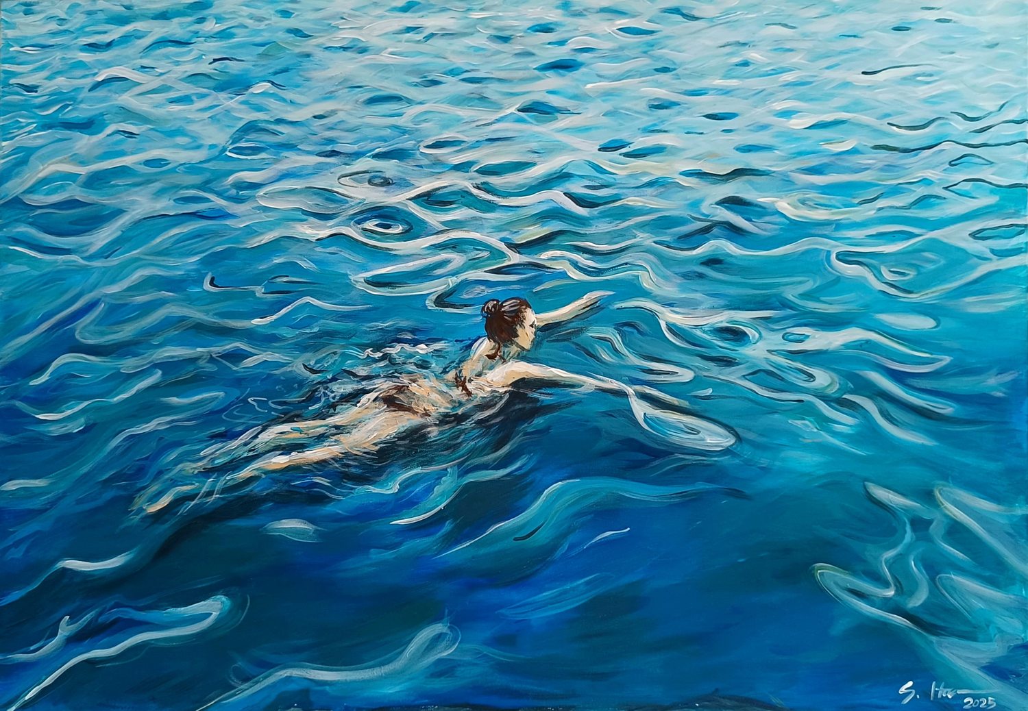 Gemälde einer Schwimmerin von oben im blauen Wasser