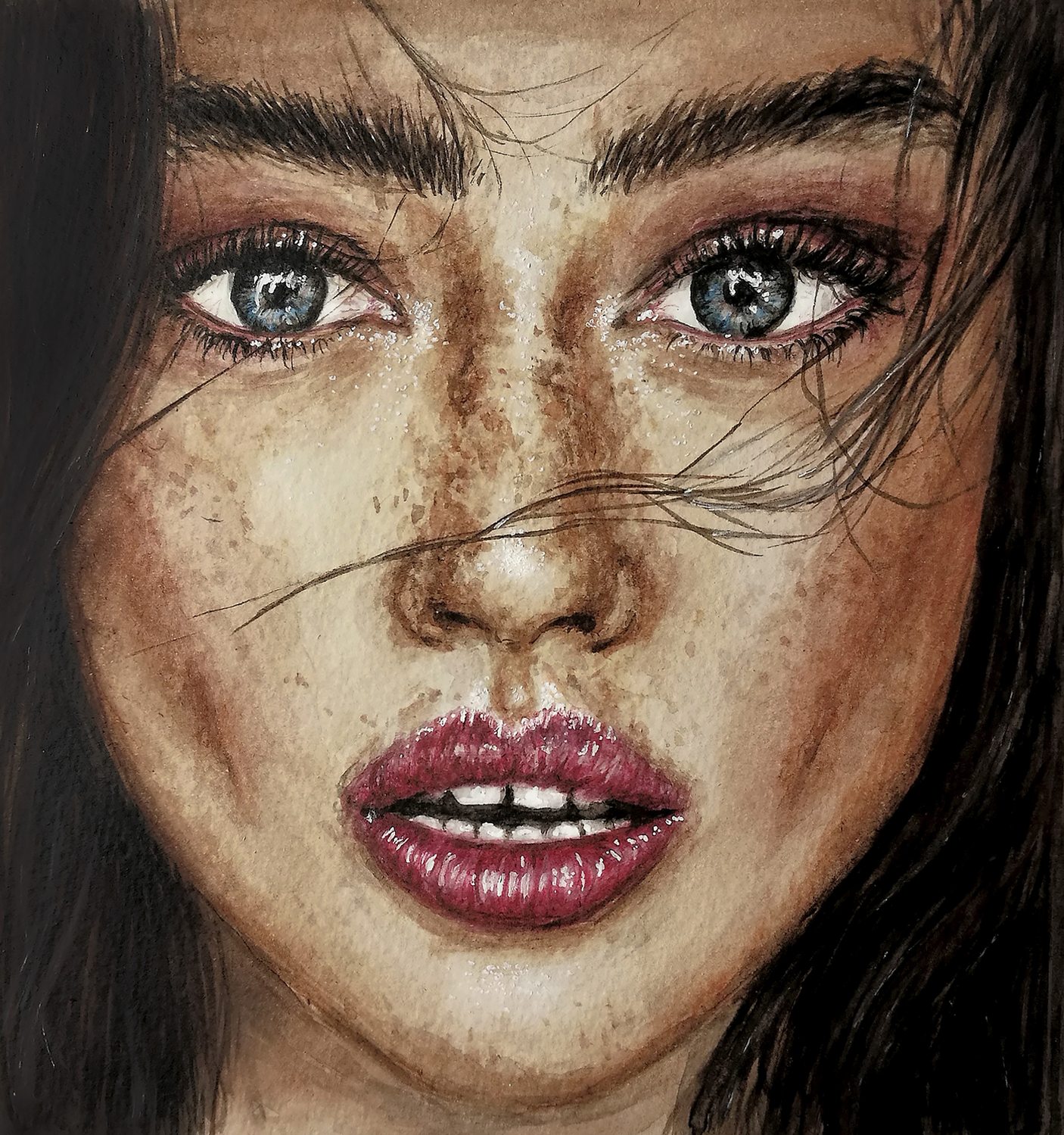 Detailliertes Porträtgemälde von Augen und Lippen